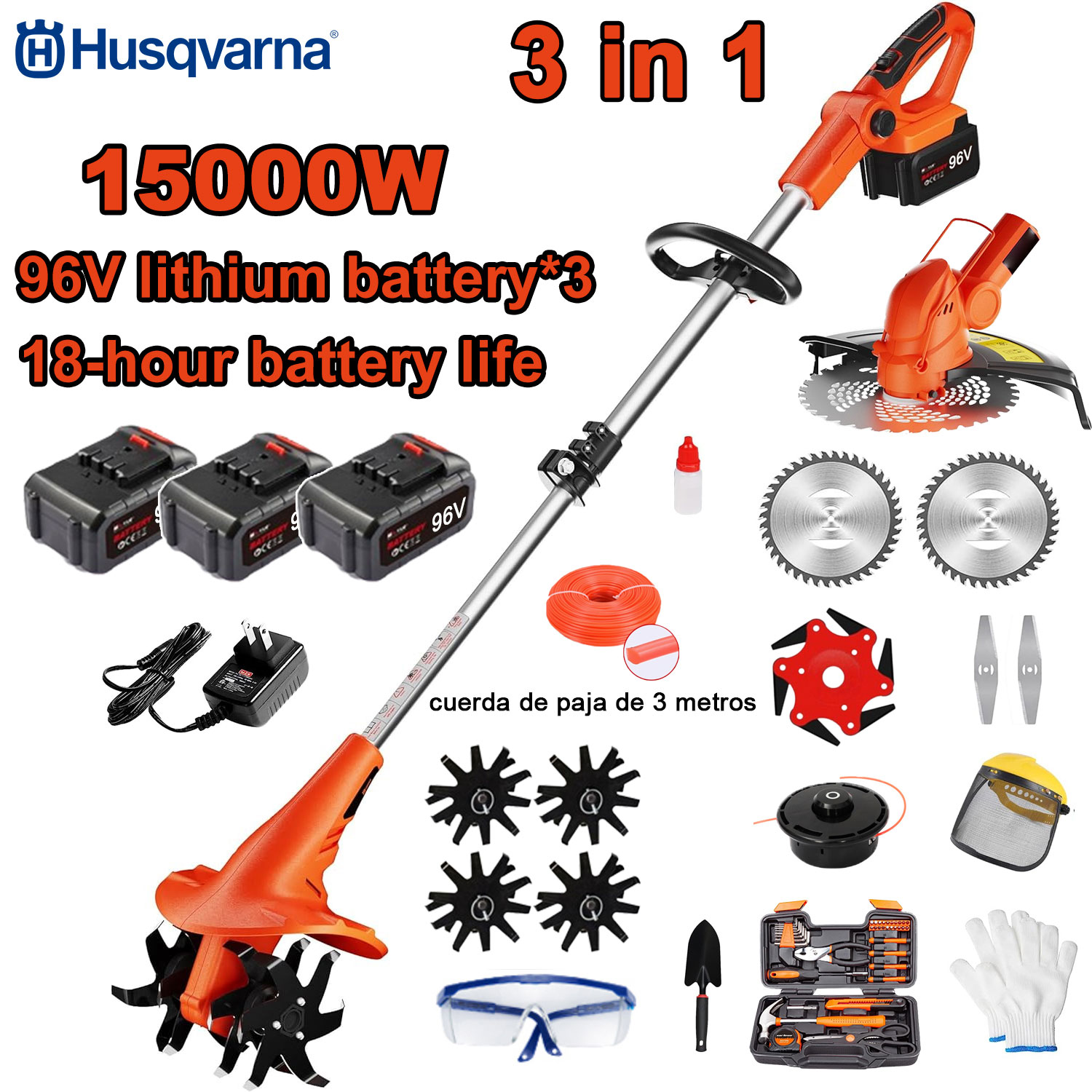 Cultivator electric trei-în-unul de 15000W (tăieri, tăierea copacilor, prelucrarea solului etc.) Baterie 96V * 3 + încărcător rapid + cuțit de cultivare + cap tăietor + frânghie de tăiere 3m * 3 + aliaj de lamă de ferăstrău + lamă * 6 + lamă dreaptă + set complet de accesorii