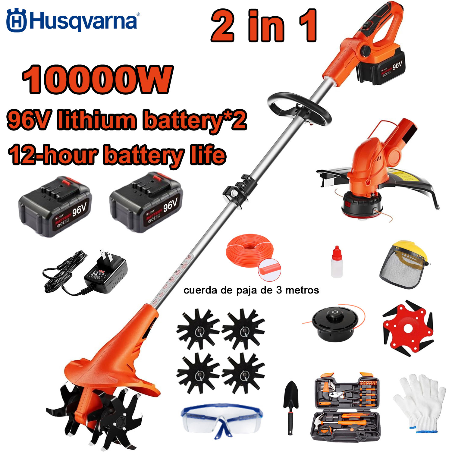 Cultivator doi-în-un de putere mare de 10000W (tuns, arat) baterie 96V *2 + încărcare rapidă + cuțit de cultivator + cap de tăiere + frânghie de tăiere de 3 metri *3 + mașină de tuns iarba *6, + set complet de accesorii