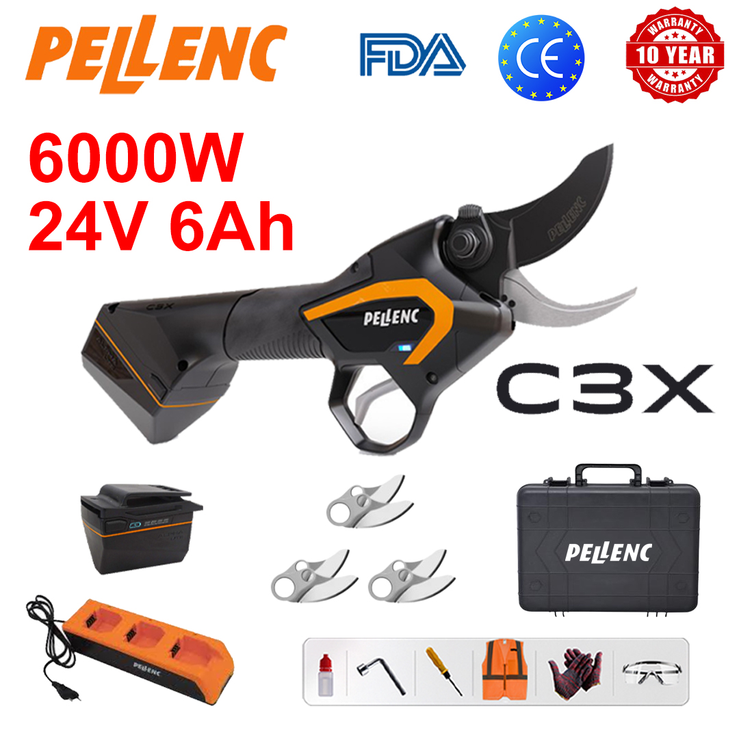 Foarfecă electrică de tundere Pellenc C3X cu litiu, motor fără perii de 6000 W + afișaj de putere LED (16 ore de viață a bateriei + baterie 24 V 6 Ah * 1 + încărcător + lame din aliaj SK9 * 3 + lubrifiant + ochelari de siguranță