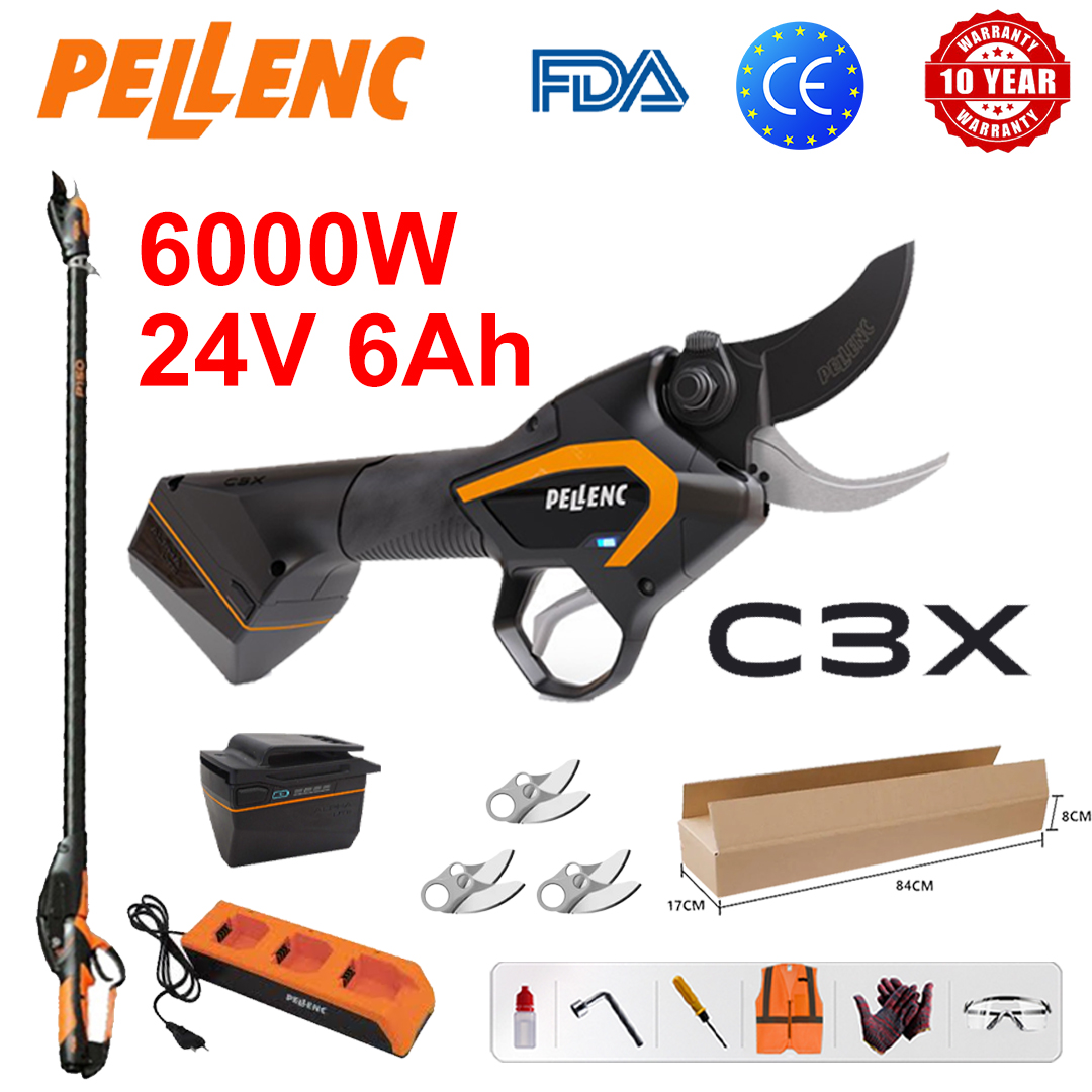 Foarfece de tundere Pellenc C3X cu litiu-ion [stâlp de prelungire: 1,5m~4,6m], motor fără perii de 6000W + afișaj de putere LED (autonomie 16 ore + baterie 24V 6Ah * 1 + încărcător + lame din aliaj SK9 * 3 + lubrifiant + ochelari de protecție