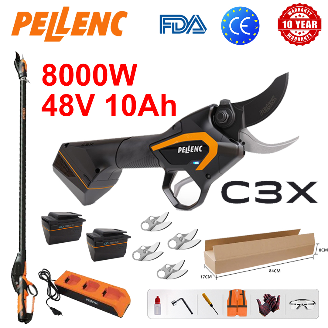 Foarfece de tundere Pellenc C3X cu litiu-ion [stâlp de prelungire: 1,5m~4,6m], motor fără perii de 8000W + afișaj de putere LED (autonomie 30 ore + baterie 48V 10Ah * 2 + încărcător + lame din aliaj SK9 * 4 + lubrifiant + ochelari de protecție